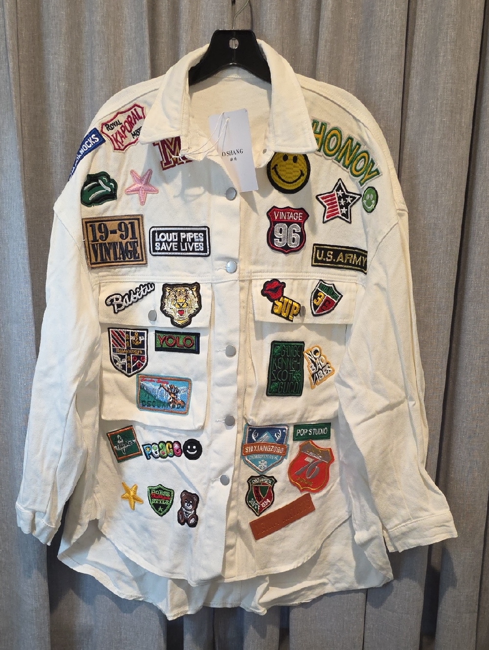 O SHANG Off White Lightweight soft Denim Patchwork Jean Jacket Shirt Dress